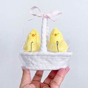 Rae Dunn Yellow Chicks Salt and Pepper Shakers in White Basket